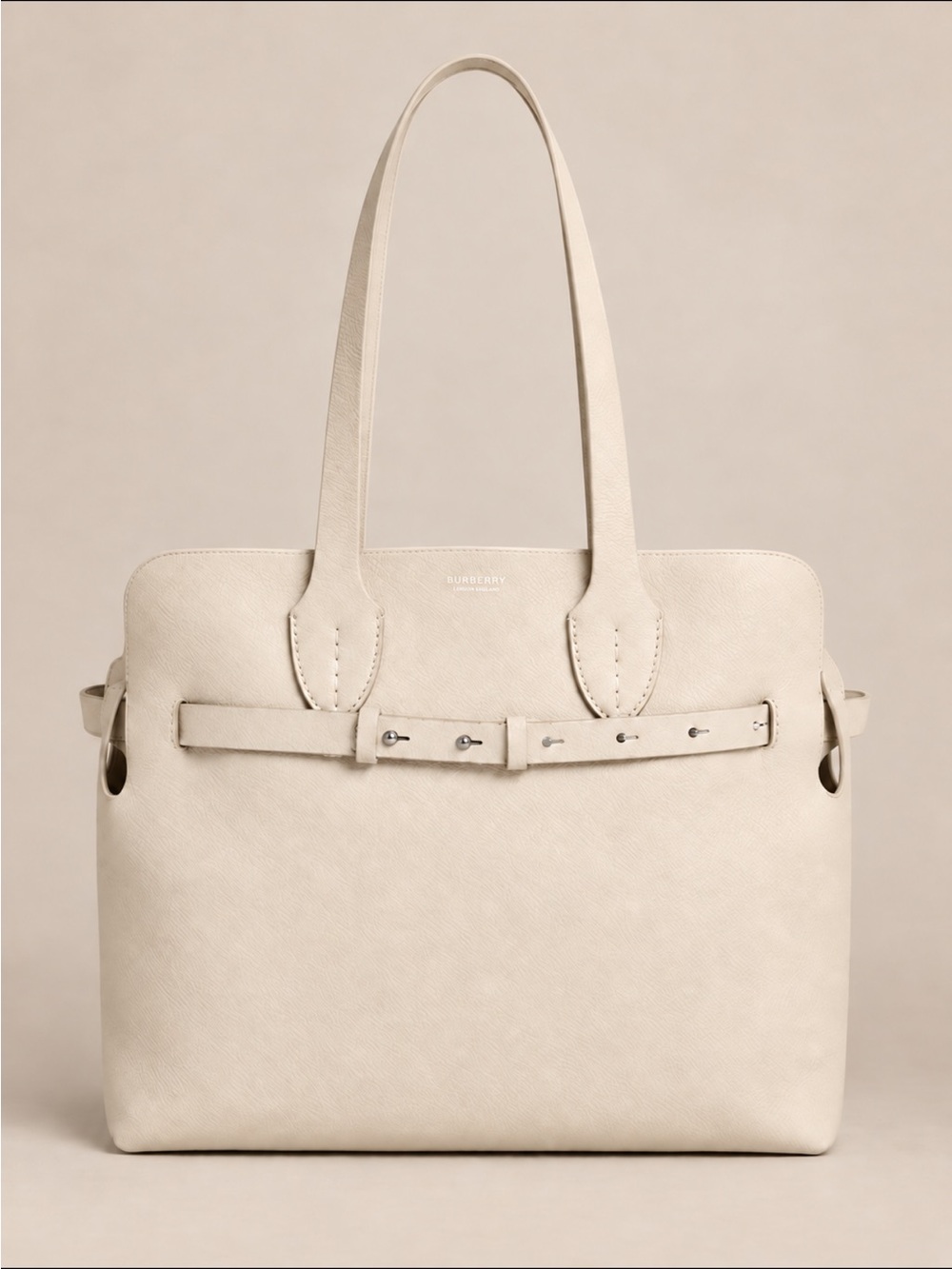 Burberry Large Soft Leather Belt Tote Cream Greige with Pouch
